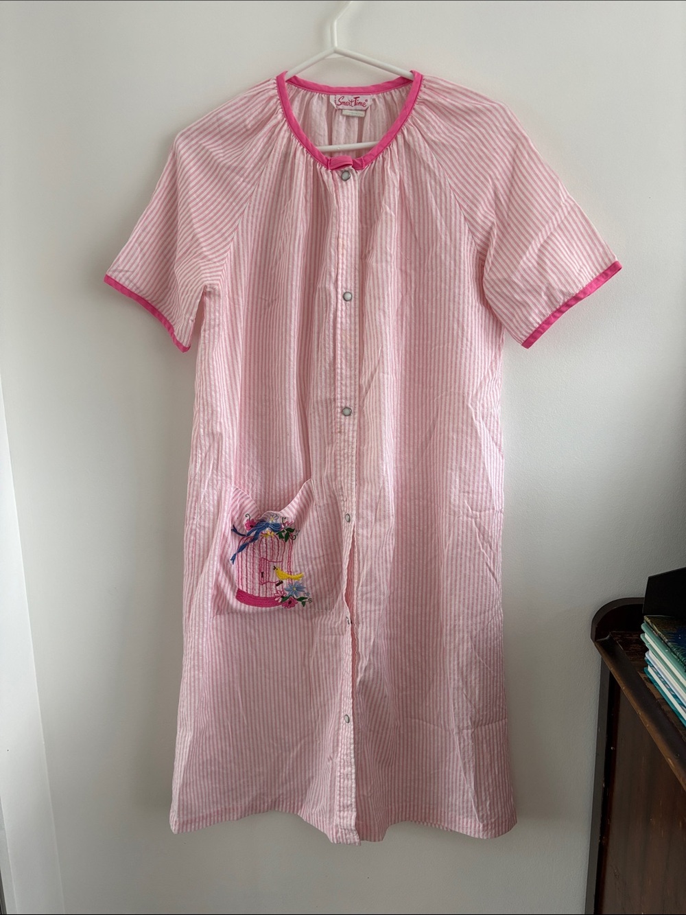 Vintage Sweet Dreams Pink Striped Snap-Front Nightgown with Bright Pink Trim.